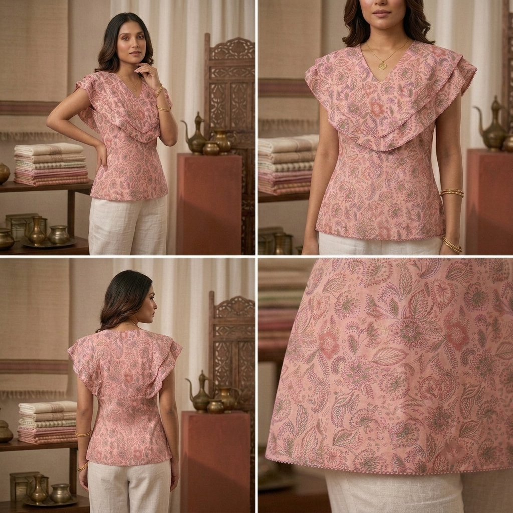 Ladies Floral Printed Double Tops - Pink Onion