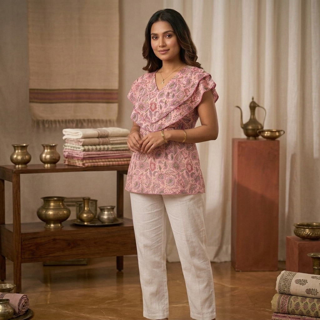 Ladies Floral Printed Double Tops - Pink Onion