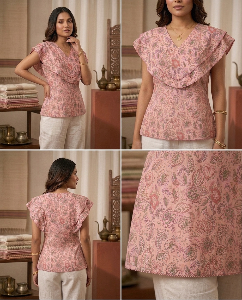 Ladies Floral Printed Double Tops - Pink Onion
