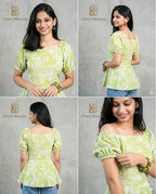 Ladies Floral Printed Square Neck Tops - Green