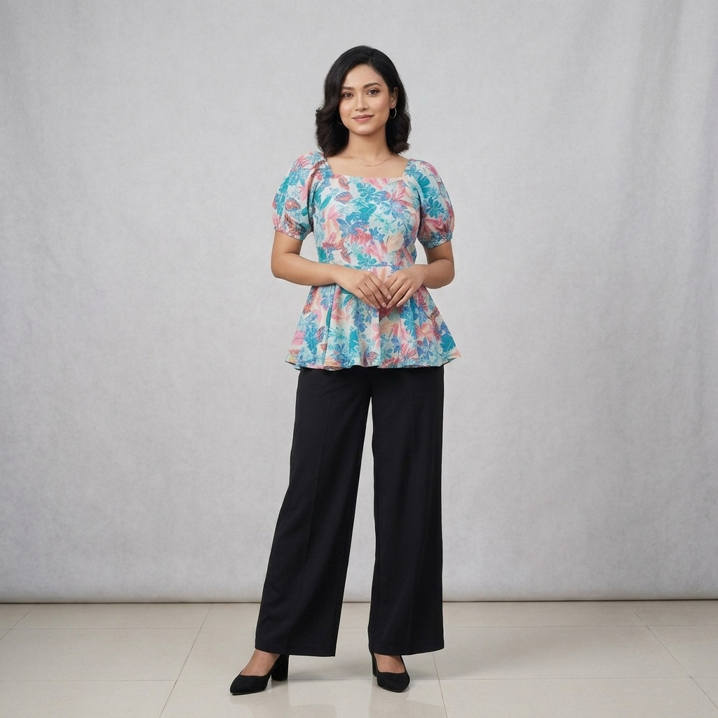 Floral Printed Square Neck Tops sky & purple