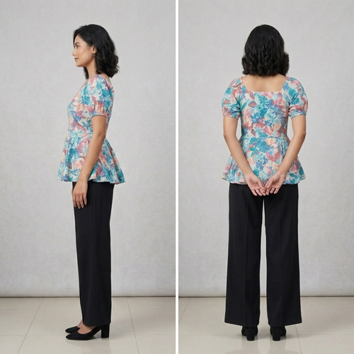 Floral Printed Square Neck Tops sky & purple