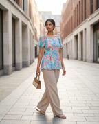 Floral Printed Square Neck Tops sky & purple