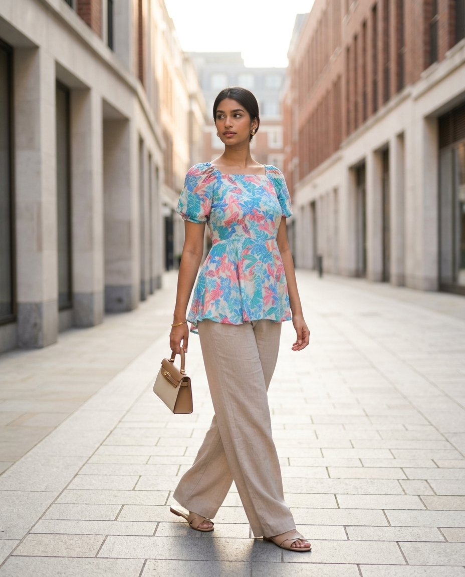 Floral Printed Square Neck Tops sky & purple