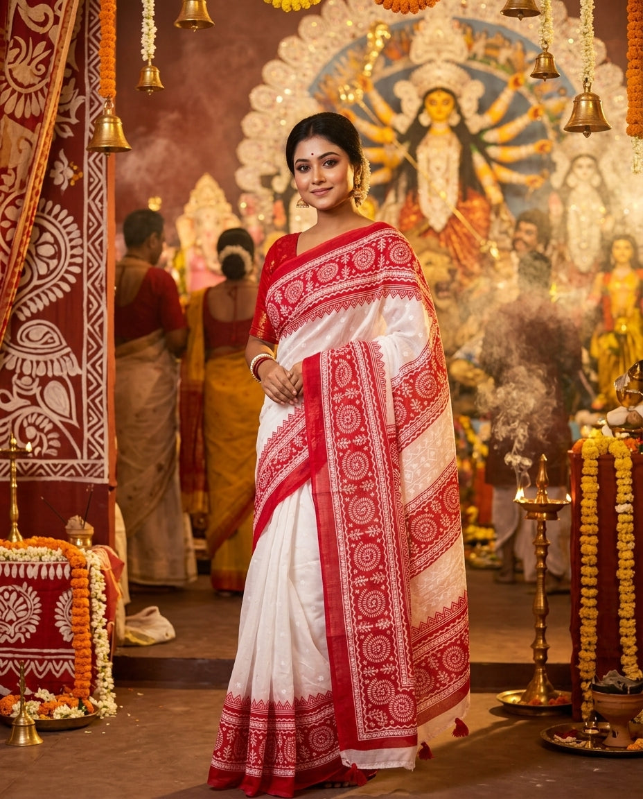 Remi Silk Print Saree A - Red