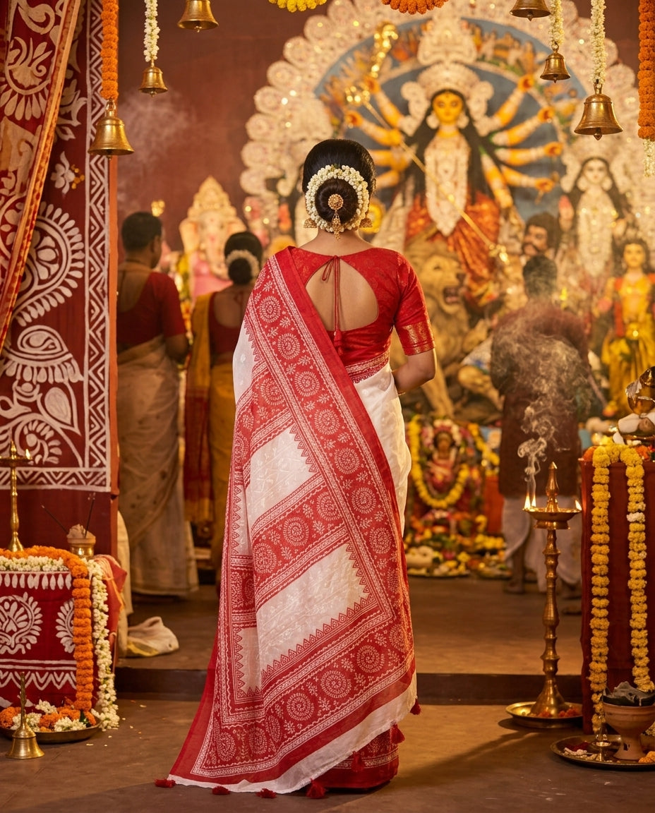 Remi Silk Print Saree A - Red