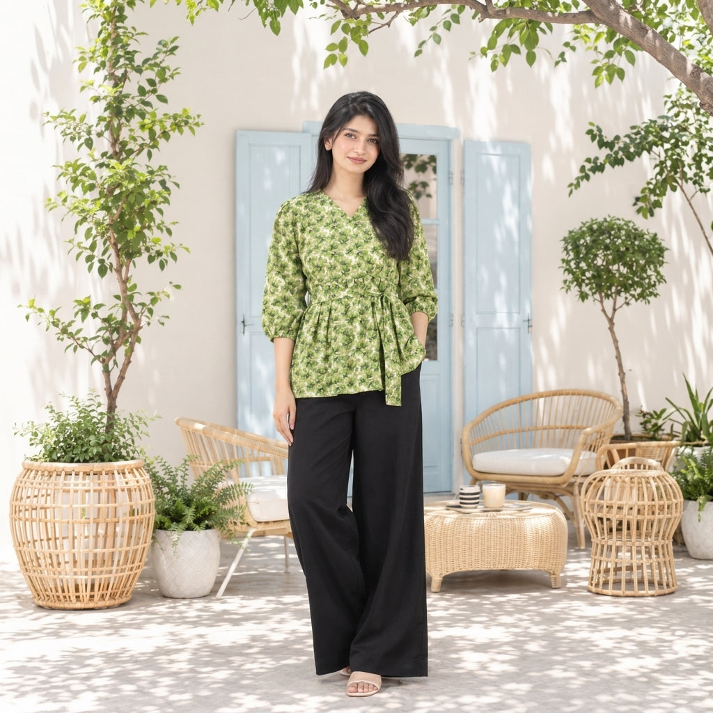 Floral Printed Crisscross Tie Front Tops -Olive