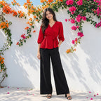Ladies Floral Printed Crisscross Tie Front tops -Red
