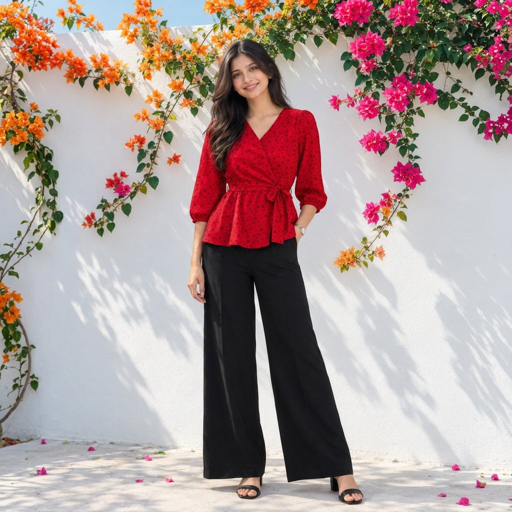 Ladies Floral Printed Crisscross Tie Front tops -Red
