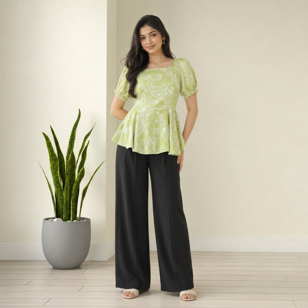 Ladies Floral Printed Square Neck Tops - Green
