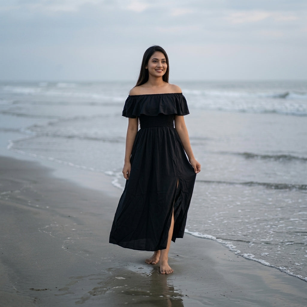 Ladies Off Shoulder Vacation dress - Black