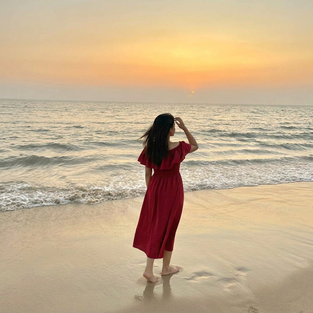 Ladies Off Shoulder Vacation dress - Maroon