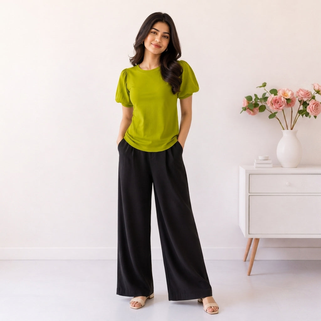 Woven Puff Sleeve T-Shirt -Olive