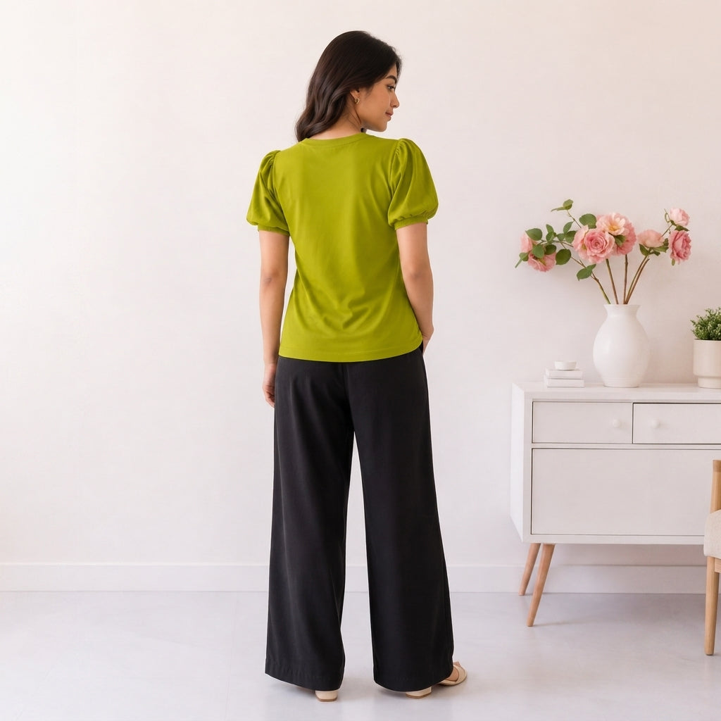 Woven Puff Sleeve T-Shirt -Olive