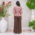 Ladies Floral Printed Crisscross Tie Front Tops- Pink Onion