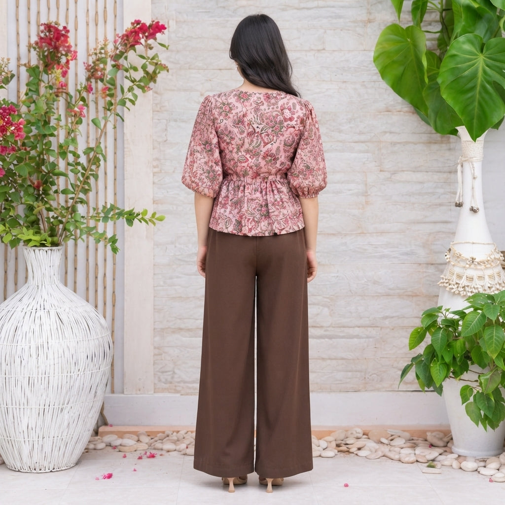 Ladies Floral Printed Crisscross Tie Front Tops- Pink Onion