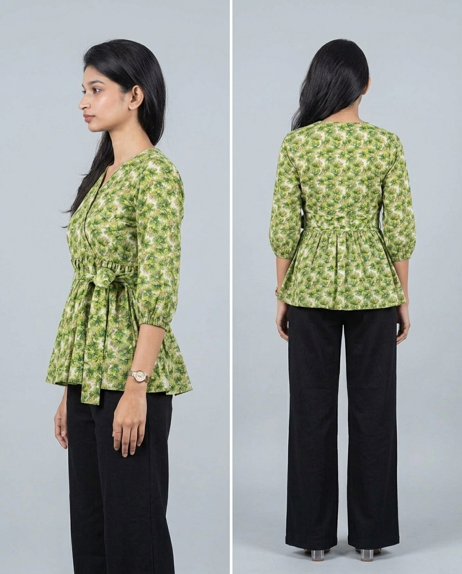 Floral Printed Crisscross Tie Front Tops -Olive