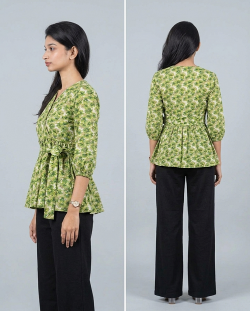 Floral Printed Crisscross Tie Front Tops -Olive