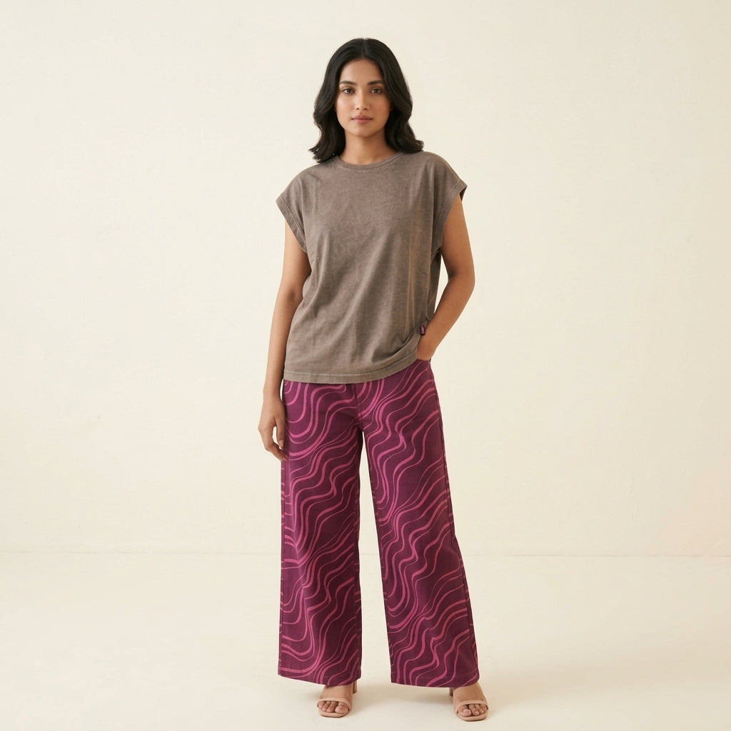 High waist wide leg pink print twill pant - Red