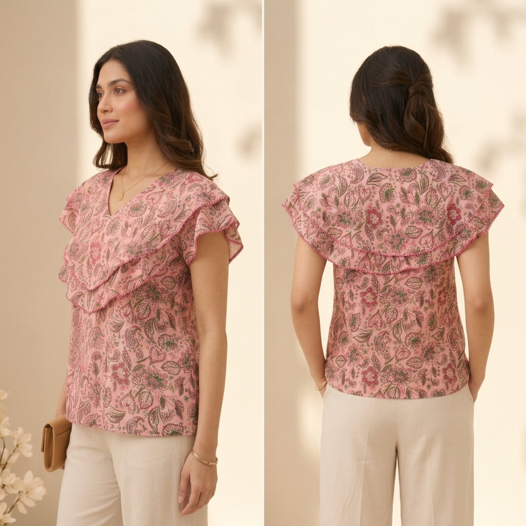 Ladies Floral Printed Double Tops - Pink Onion