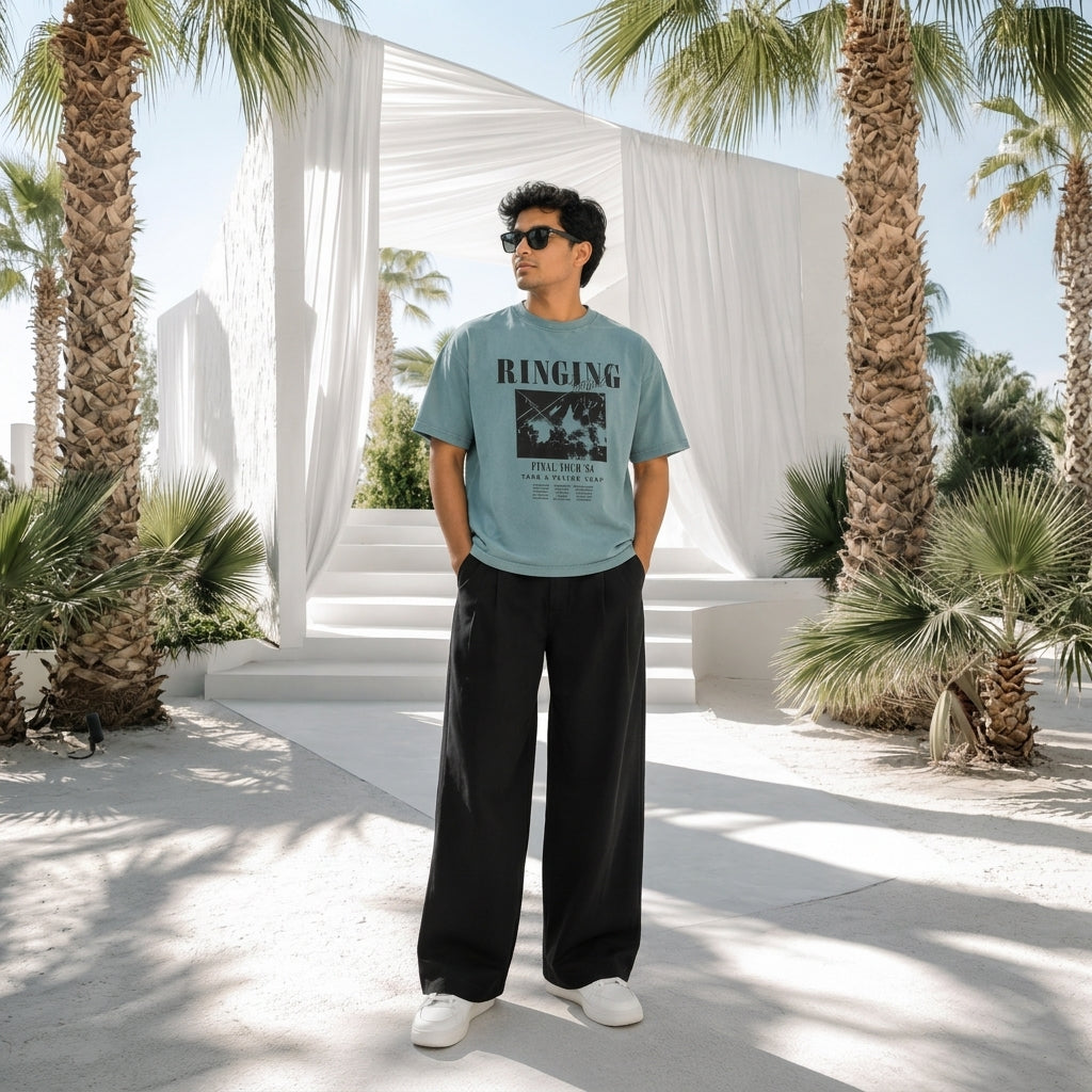 Printed Drop Shoulder T-Shirt -Teal
