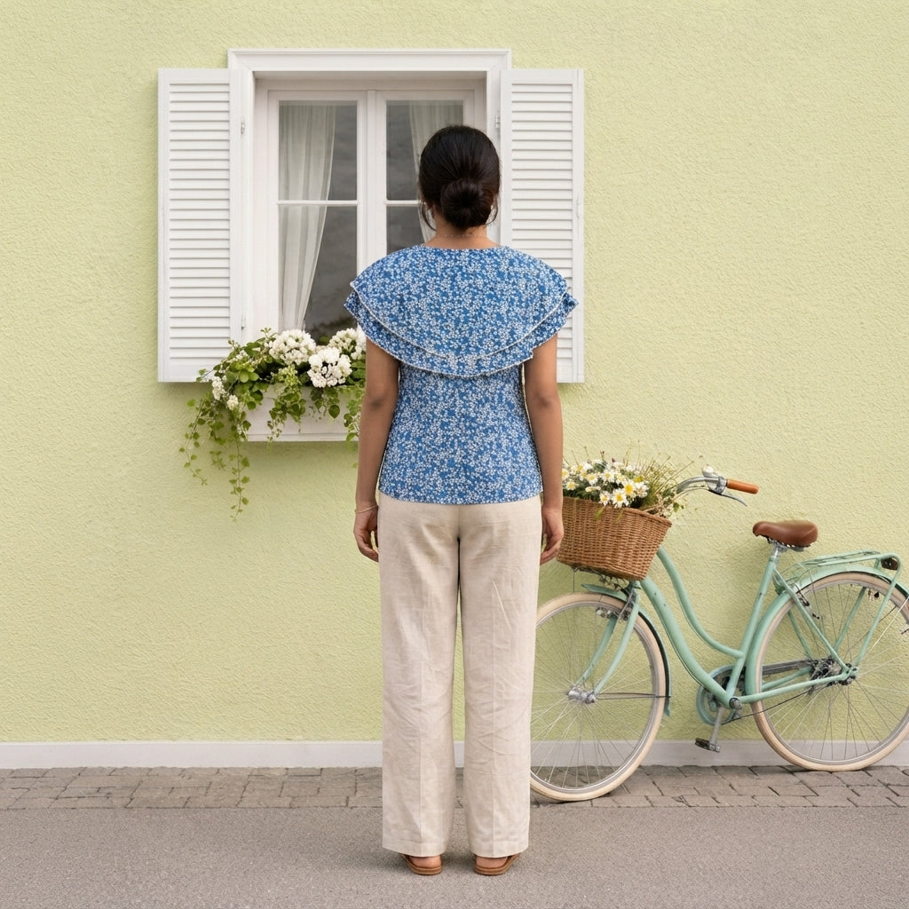 Ladies Floral Printed Double Tops -Blue