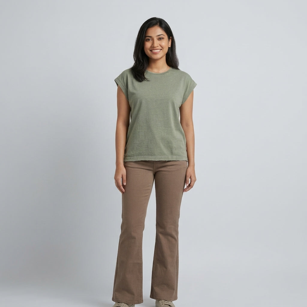 High waist wide leg bell bottom twill pant - Beige