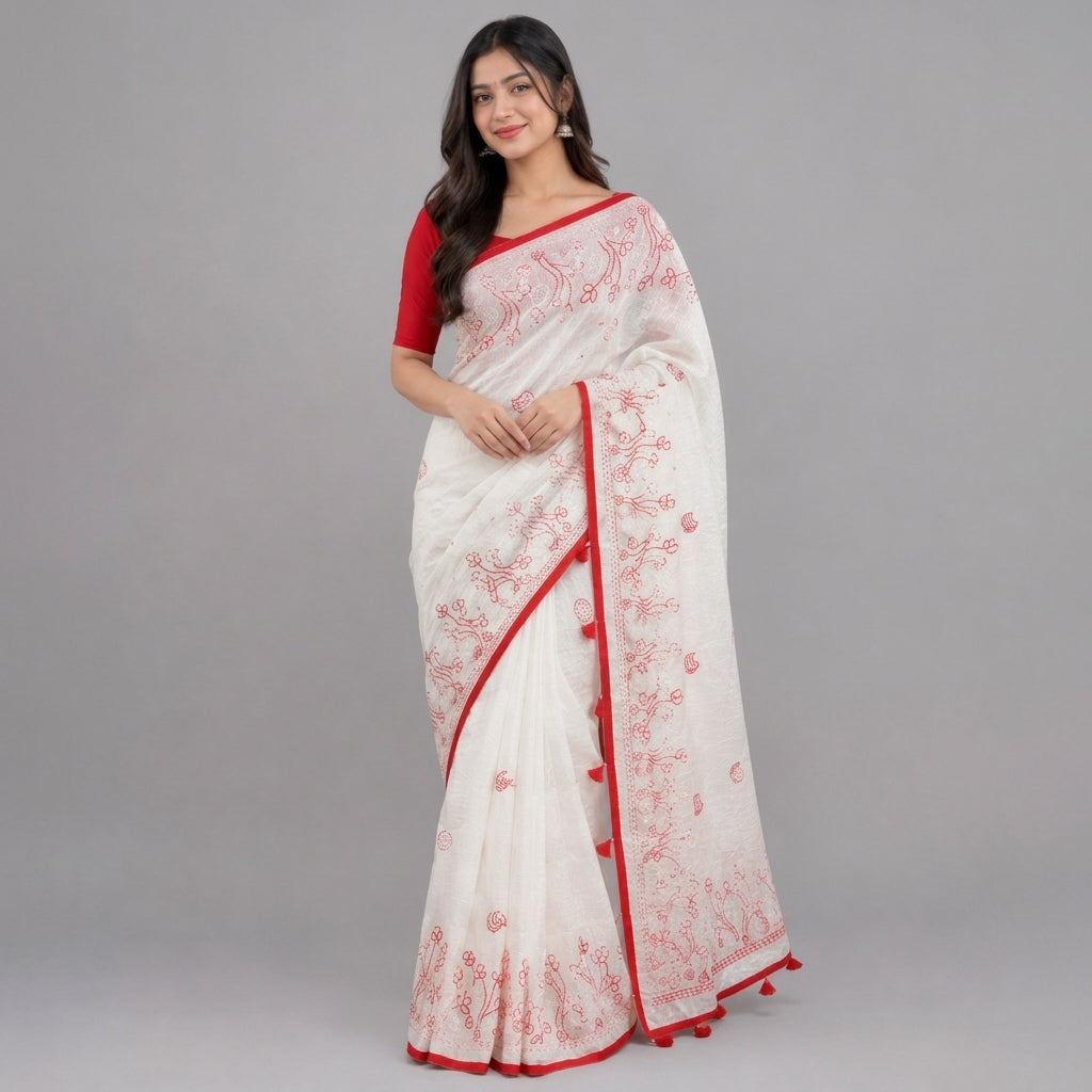 Semi Half Silk Embroidery White Saree - C