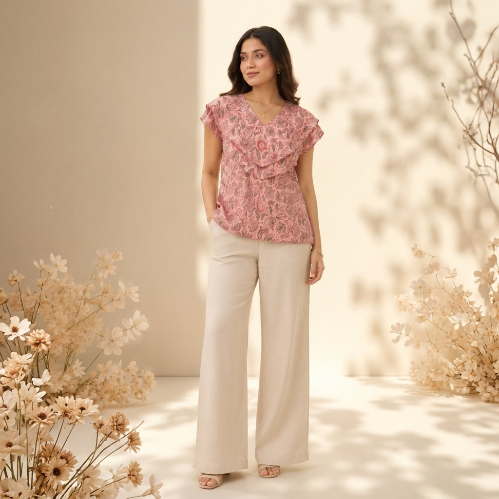 Ladies Floral Printed Double Tops - Pink Onion