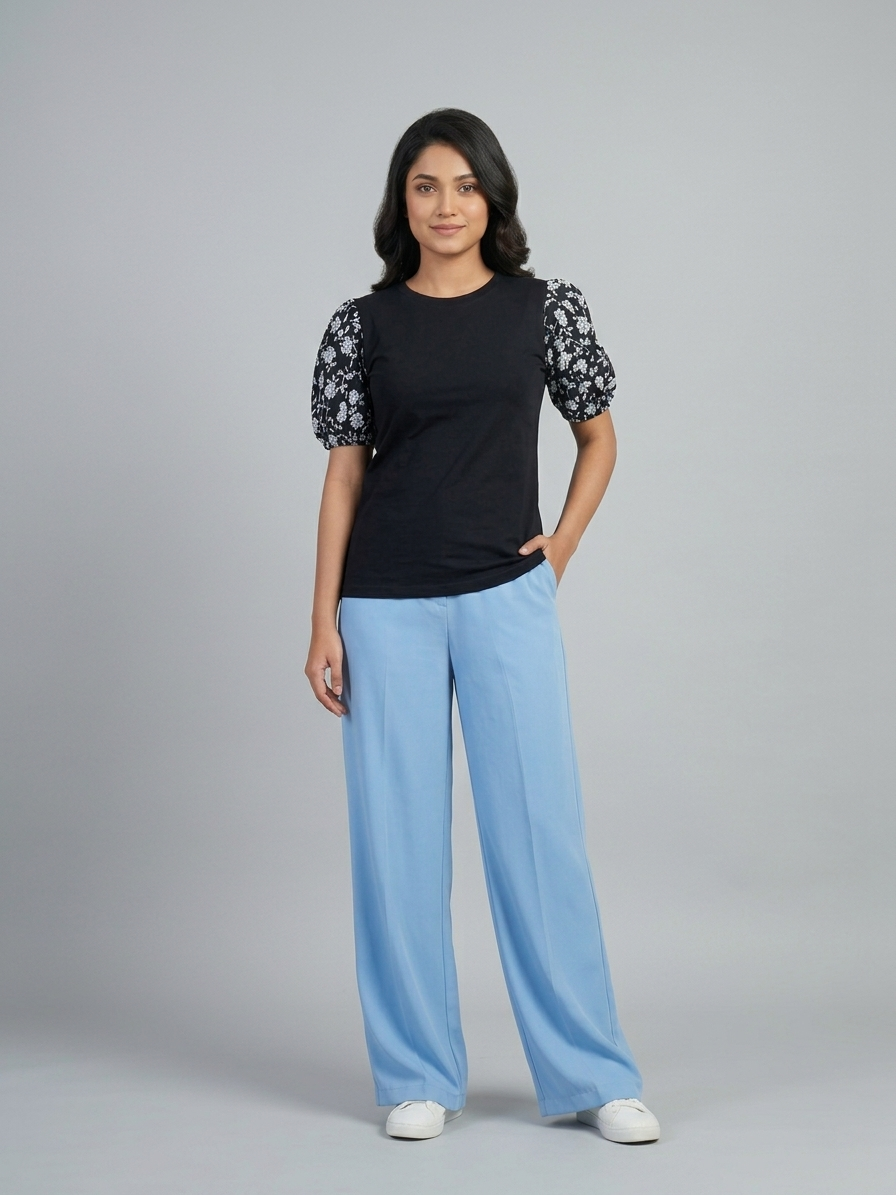 Printed Puff Sleeve T-Shirt -Black