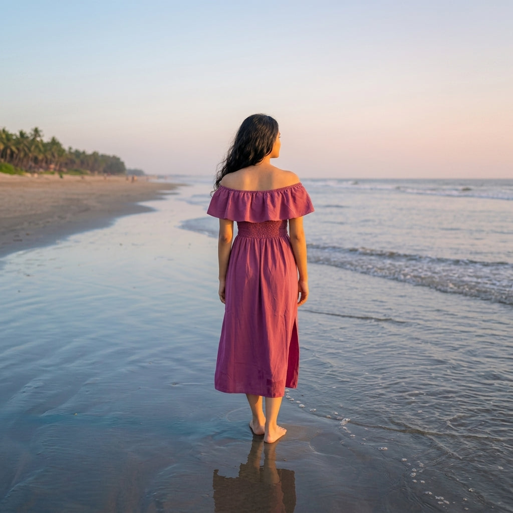 Ladies Off Shoulder Vacation Dress -Onion