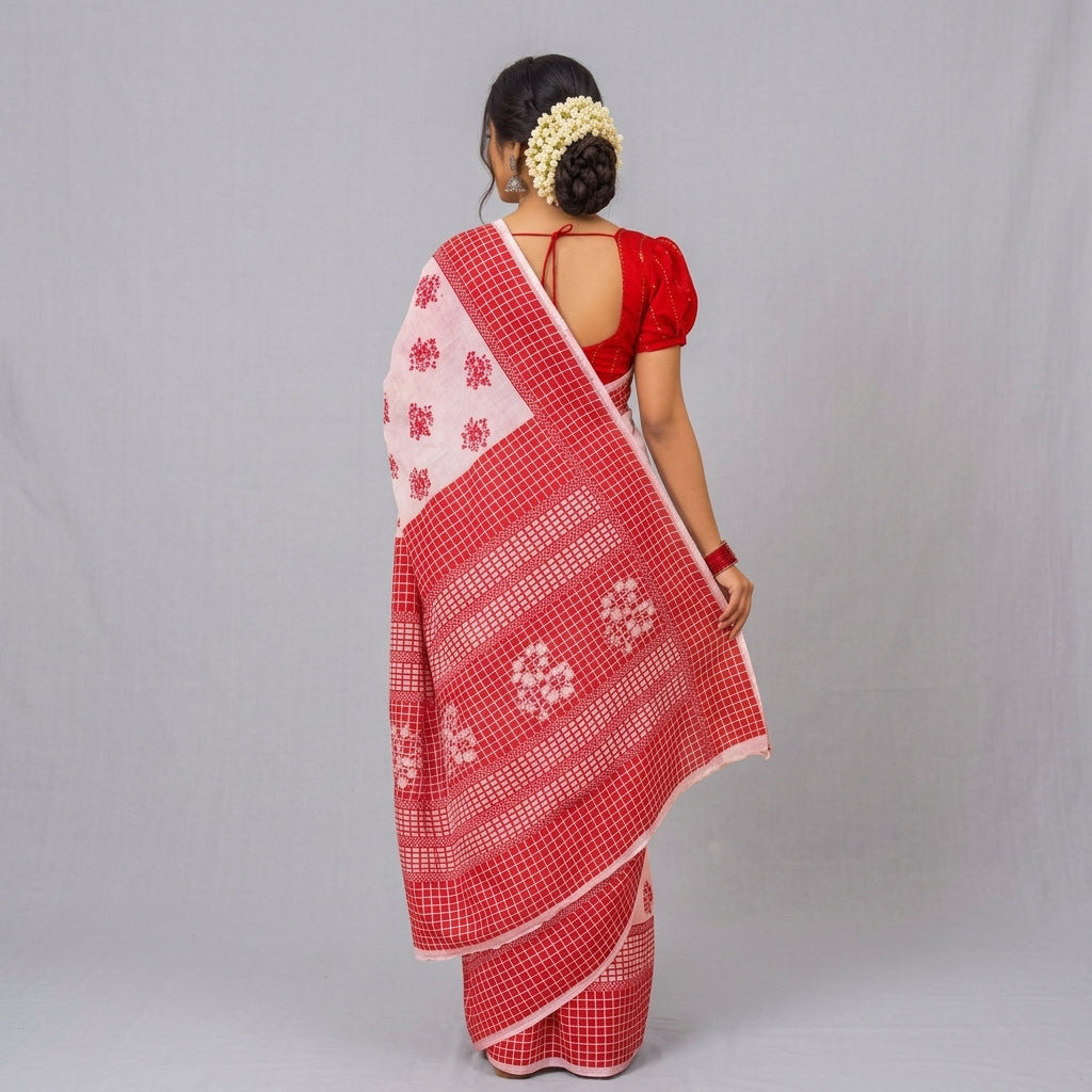 Remi Silk Print Saree -Light Red