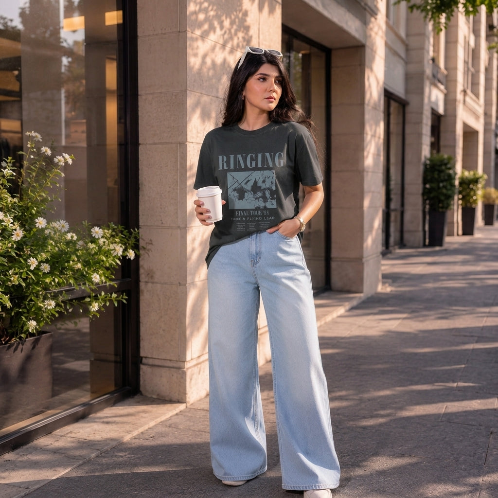 Printed Drop Shoulder T-Shirt - Charcoal