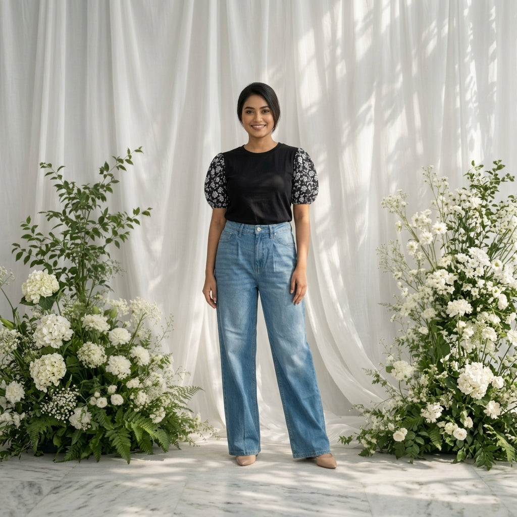 High waist wide leg denim pants - Blue