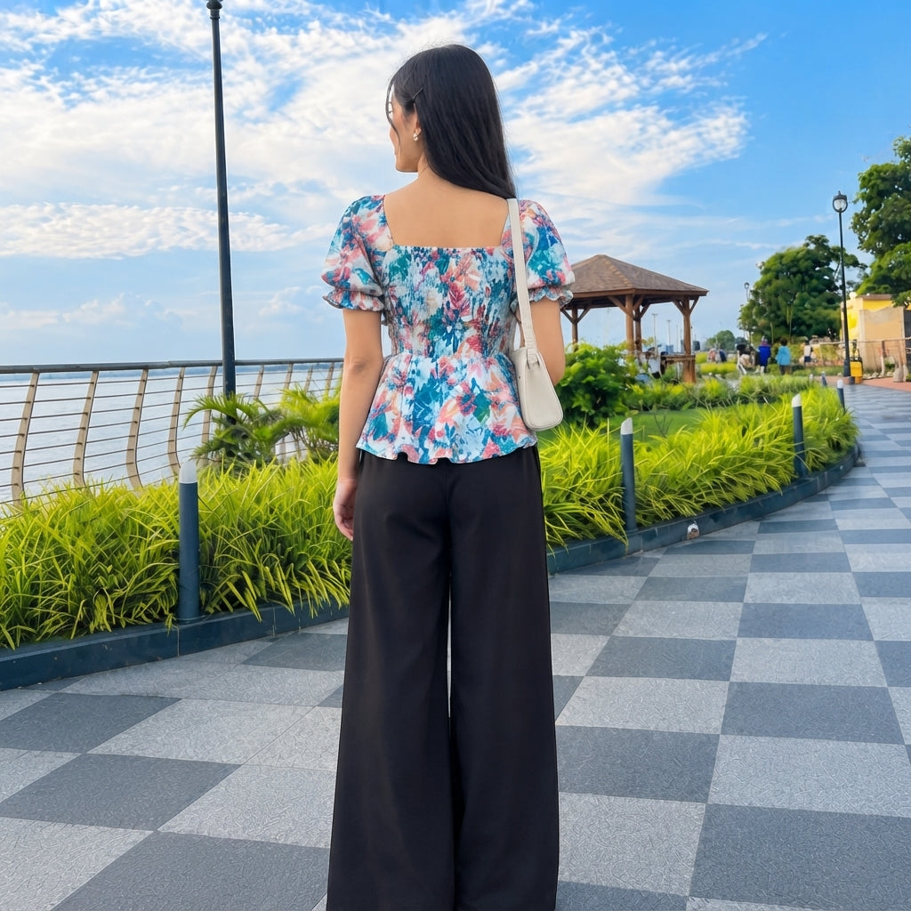 Floral Printed Square Neck Tops sky & purple