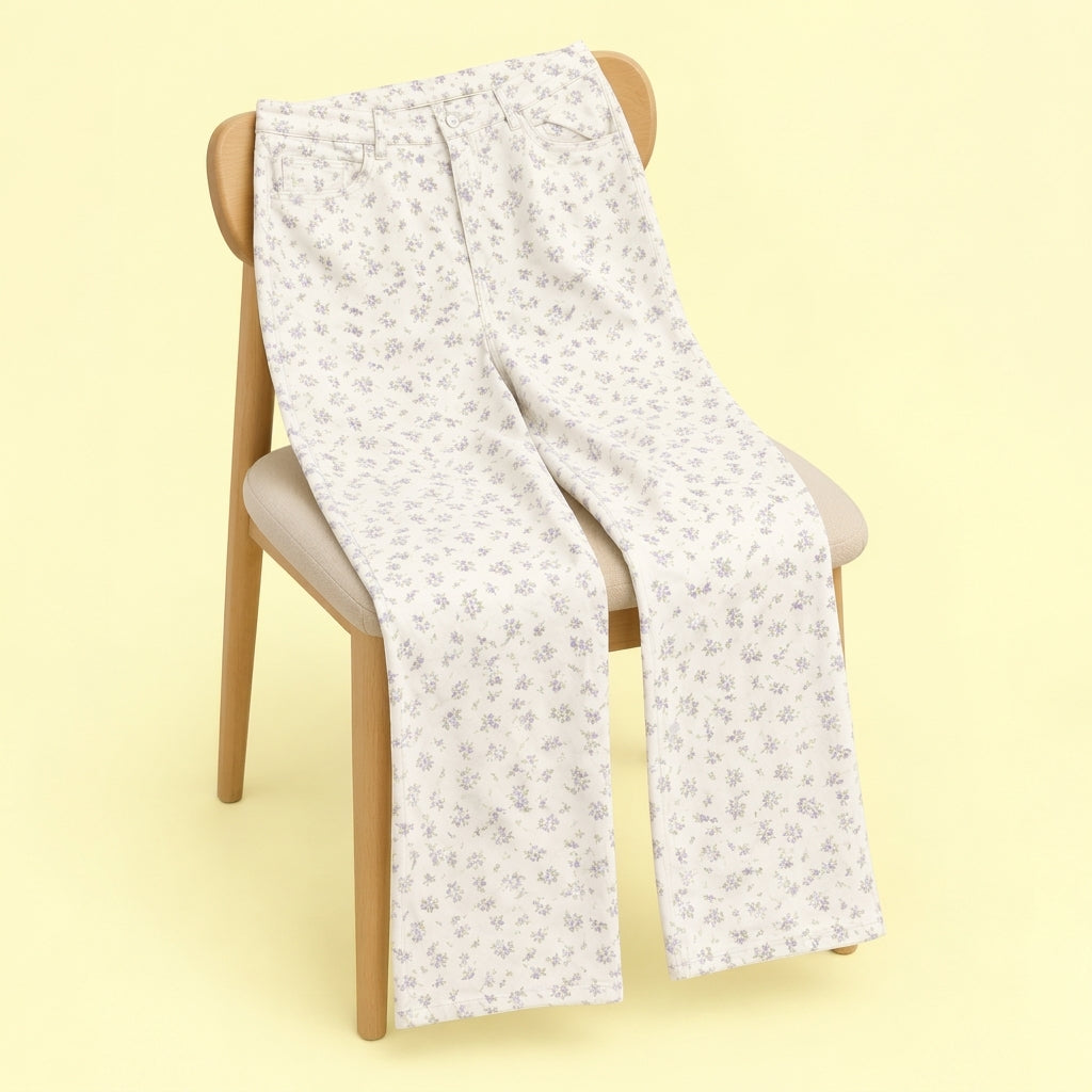 High waist wide leg floral printed twill pant - White