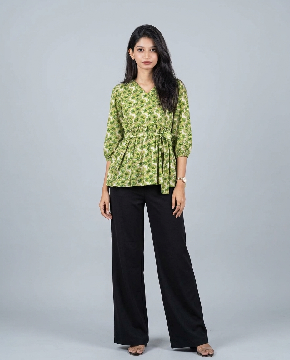 Floral Printed Crisscross Tie Front Tops -Olive