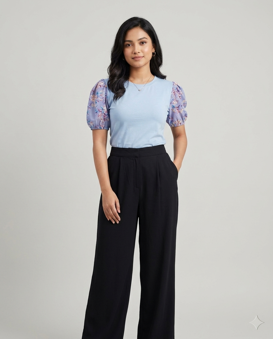 Printed Puff Sleeve T-Shirt -Sky Blue