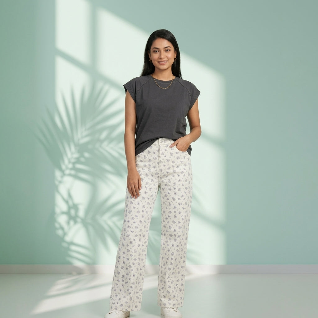 High waist wide leg floral printed twill pant - White