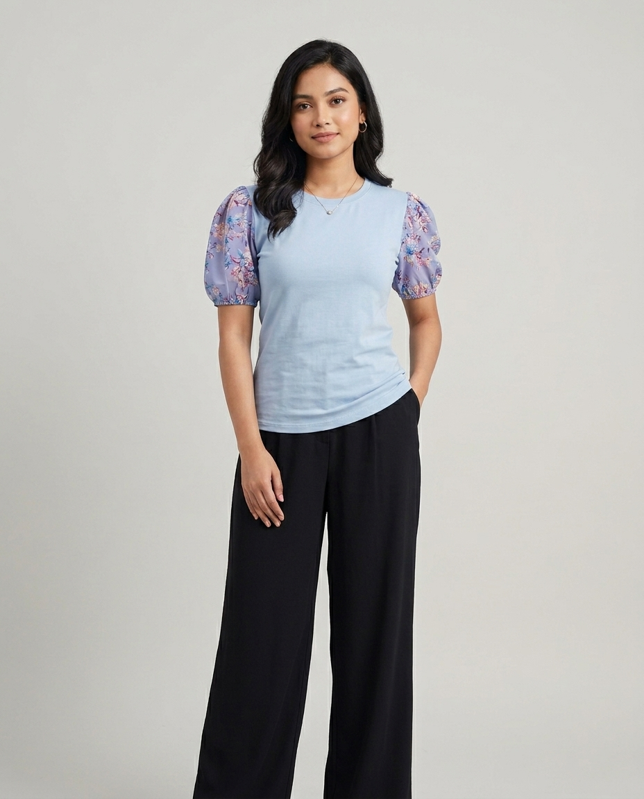Printed Puff Sleeve T-Shirt -Sky Blue