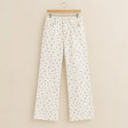 High waist wide leg floral printed twill pant - White