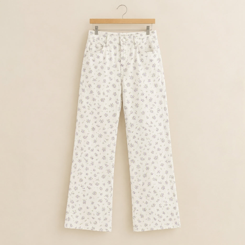 High waist wide leg floral printed twill pant - White