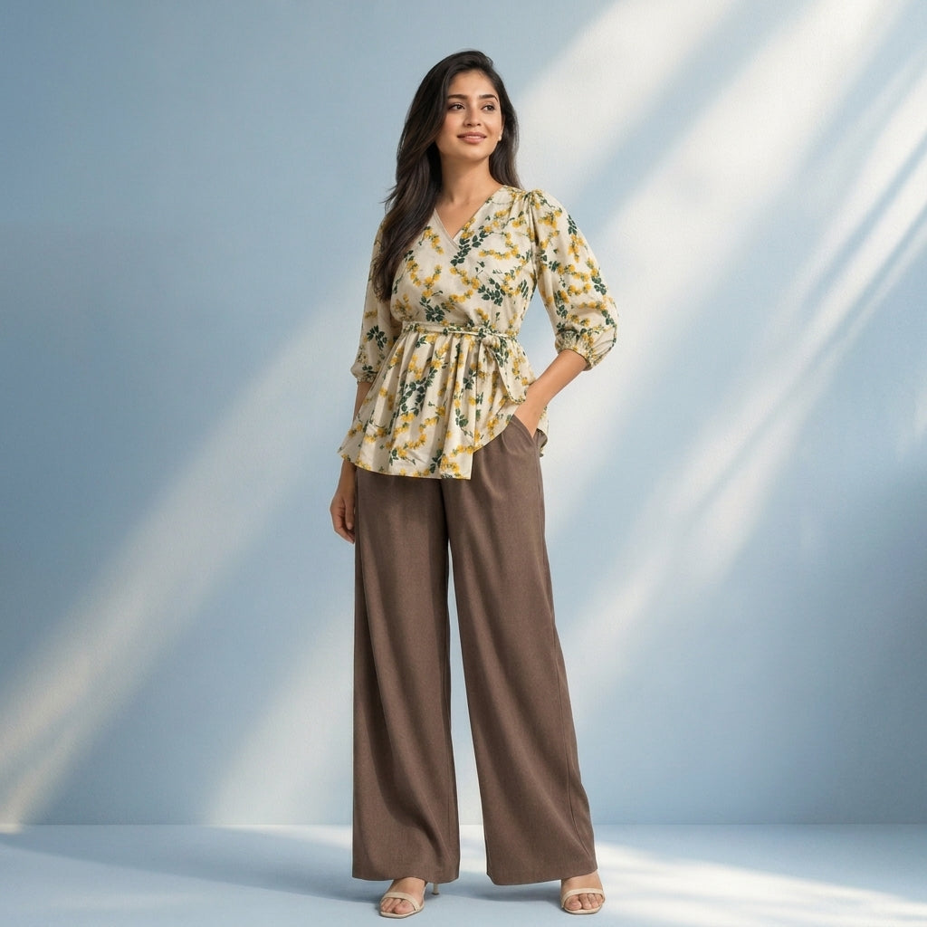 Ladies Floral Printed Crisscross Tie Front Tops -Beige
