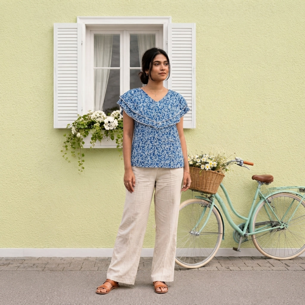 Ladies Floral Printed Double Tops -Blue