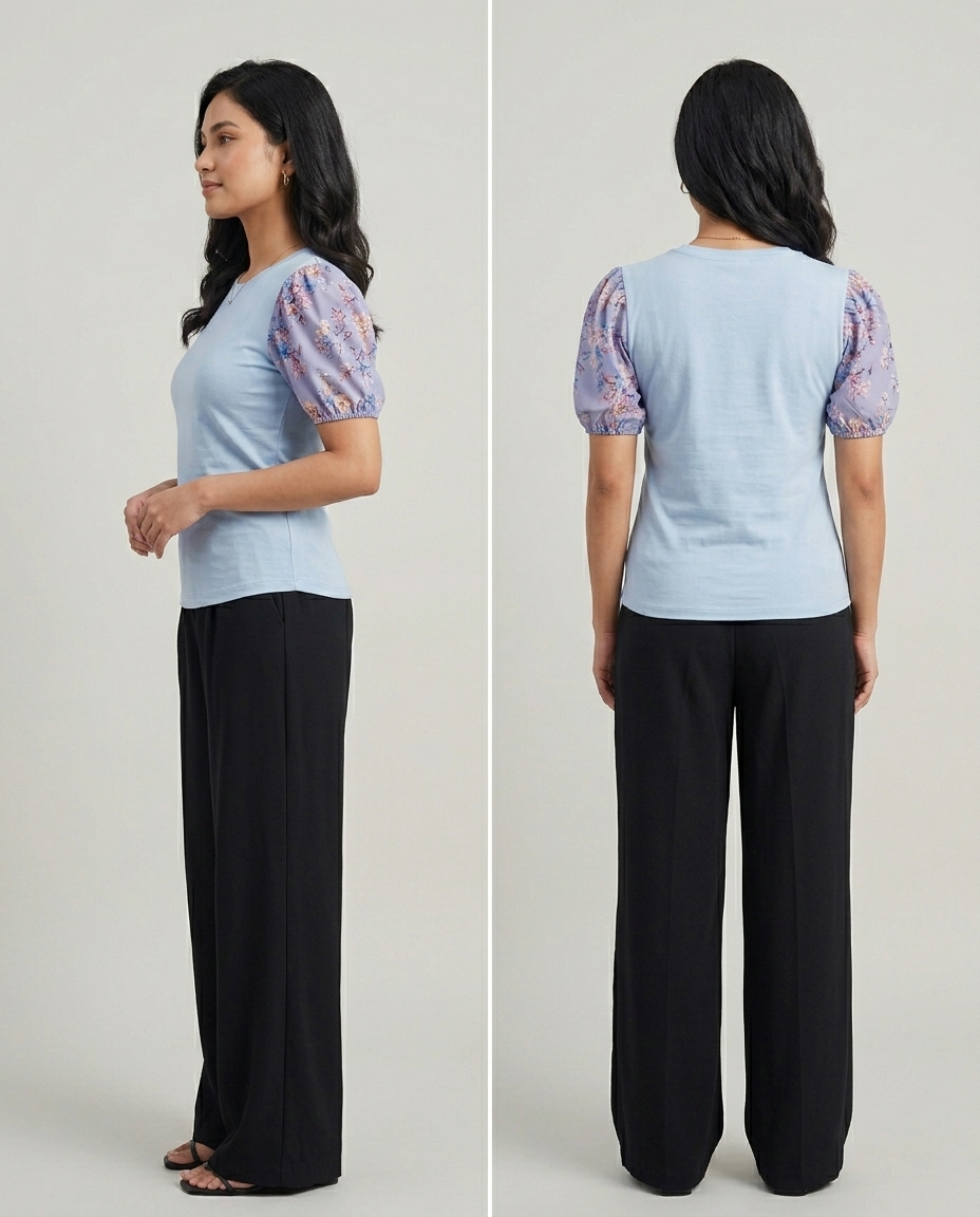 Printed Puff Sleeve T-Shirt -Sky Blue