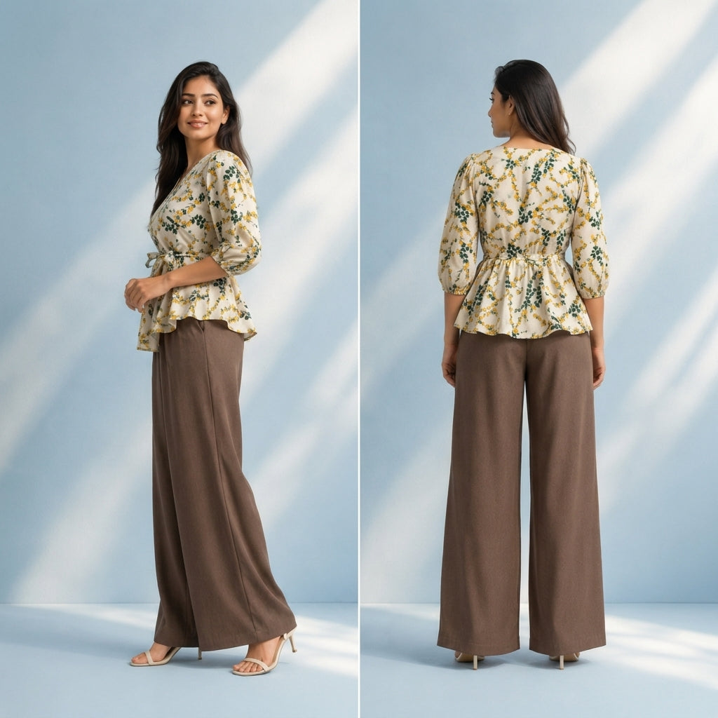 Ladies Floral Printed Crisscross Tie Front Tops -Beige