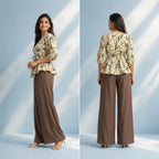 Ladies Floral Printed Crisscross Tie Front Tops -Beige