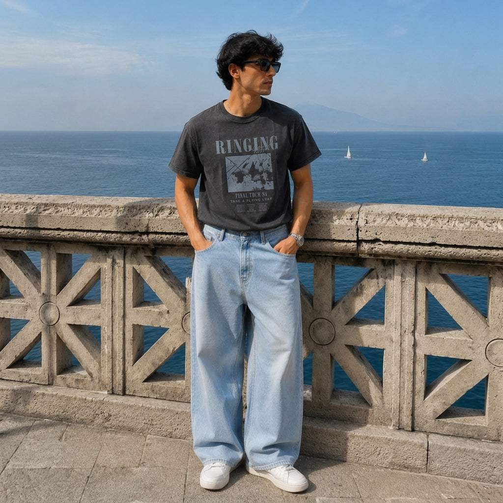 Printed Drop Shoulder T-Shirt - Charcoal