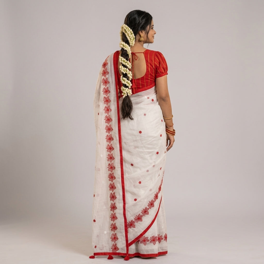Semi Half Silk Embroidery White Saree - A