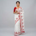 Semi Half Silk Embroidery White Saree - B
